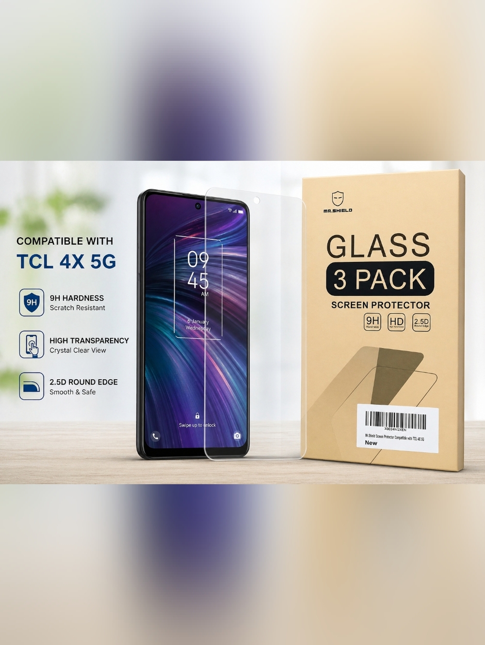 Mr. Shield TCL 4X 5G Screen Protector 3 Pack 9H‎ Tempered Glass HD Clear New